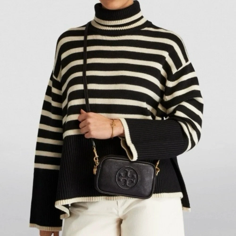 Authentic Tory Burch Perry Bombe Mini Crossbody Camera Bag Leather Purse Black